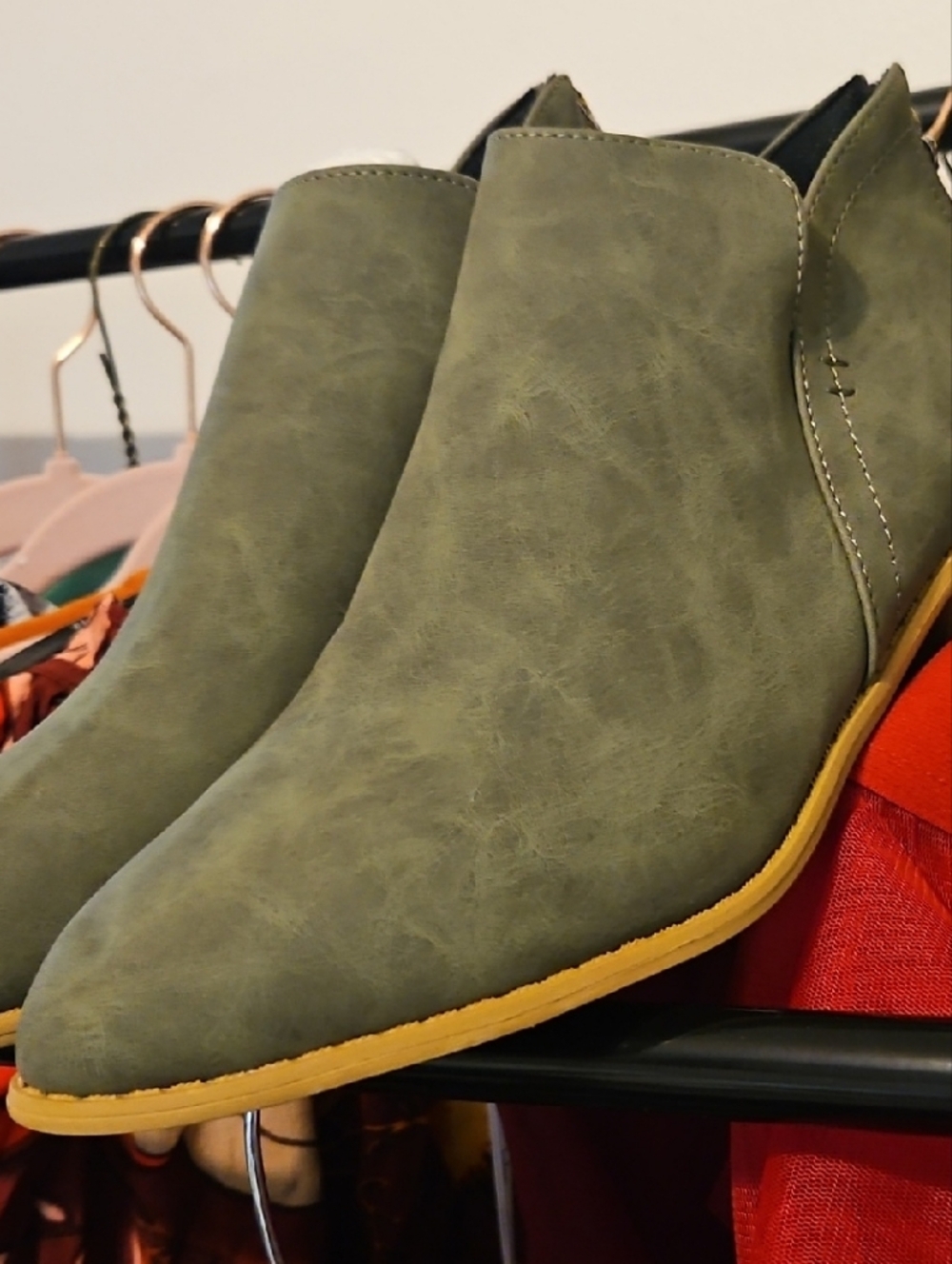 Source Unknown Olive Green Ankle Booties with Yellow Sole